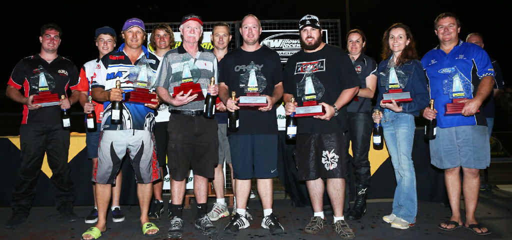 CELEBRATION TIME: Willowbank Raceway’s 2013 track champions (from left) Wade Moran, Dylan Leo, Chris Hall, Blaze Hansen, Bill Fletcher, Simon Isherwood, Josh Fletcher, Anthony Weiland, Tammy Goldthorpe, Jody Wentworth and Paul Deoblien. CELEBRATION TIME: Willowbank Raceway’s 2013 track champions (from left) Wade Moran, Dylan Leo, Chris Hall, Blaze Hansen, Bill Fletcher, Simon Isherwood, Josh Fletcher, Anthony Weiland, Tammy Goldthorpe, Jody Wentworth and Paul Deoblien.
